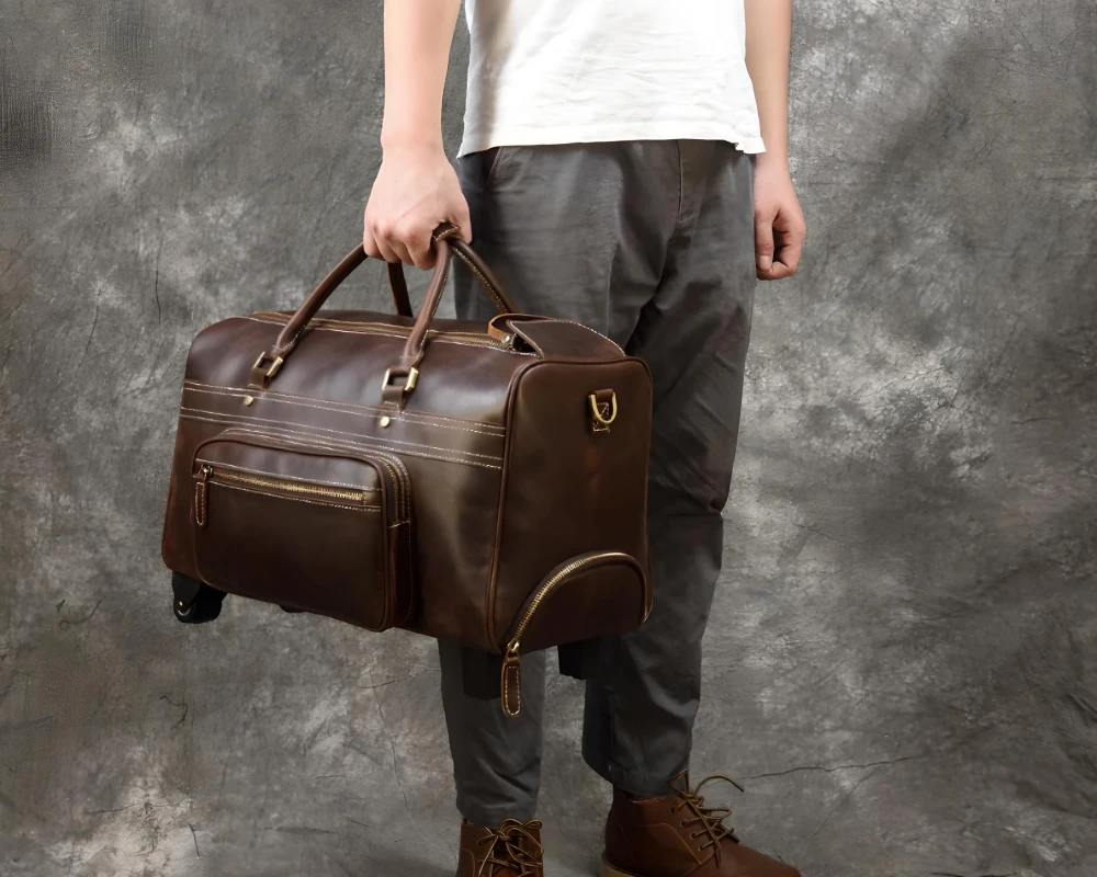 red leather carry on luggage